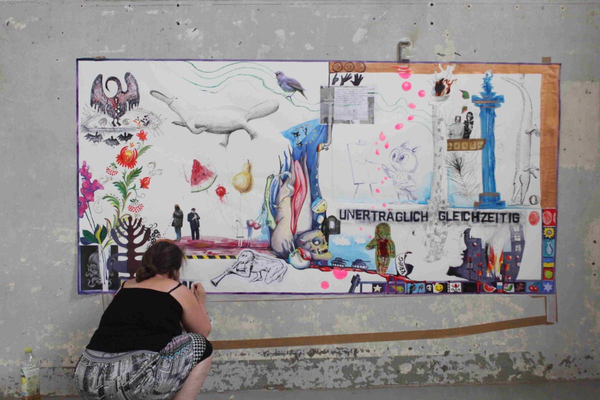 Gruppencollage aller Künstlerinnen, Kunstcamp Fleischmarkthalle, Foto: Jutta Hieret 