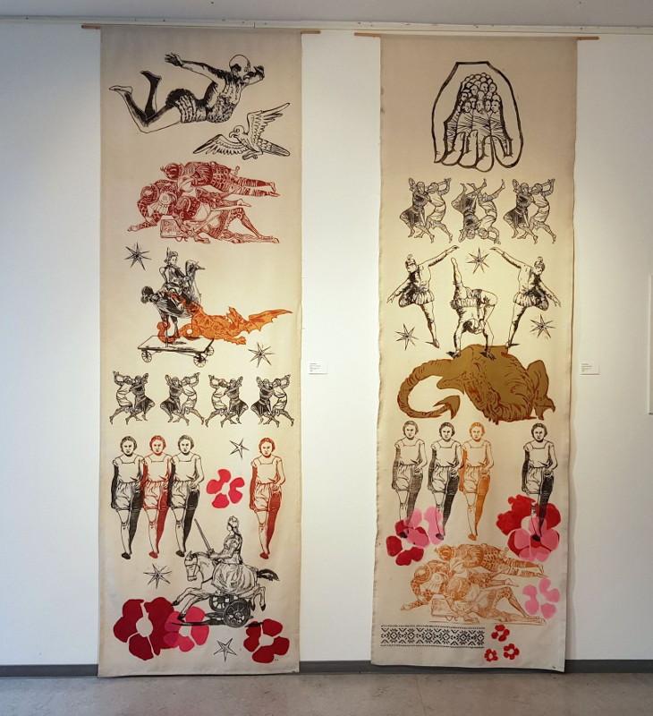 Iryna-Kalenyk, Stoffbahnen mit Linolschnitten, GEDOK Galerie 2023
