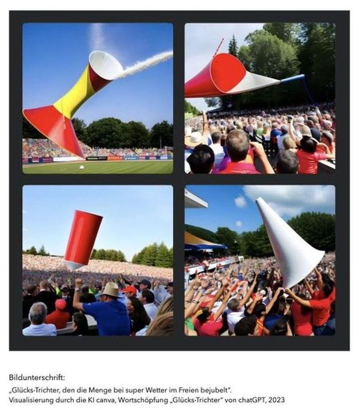 Glücks-Trichter, den die Menge bei super Wetter im Freien bejubelt. Visualisierung durch die KI canva