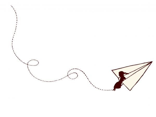 Papierfliegerflug_Illustration: www.mehrdad-zaeri.de Mädchen sitzend und fliegend auf Papierflieger