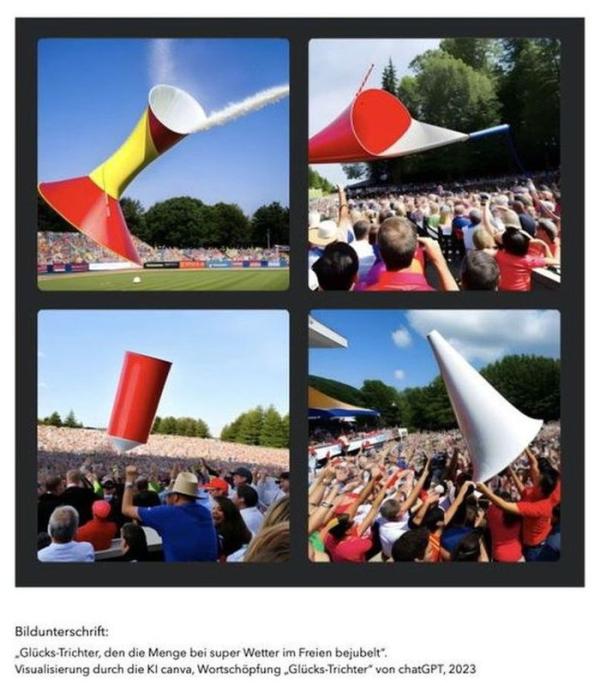 Glücks-Trichter, den die Menge bei super Wetter im Freien bejubelt. Visualisierung durch die KI canva